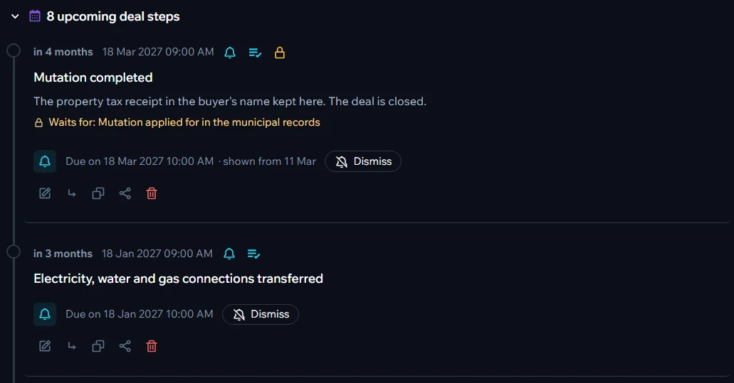 Upcoming deal steps with reminders and a step that waits for another