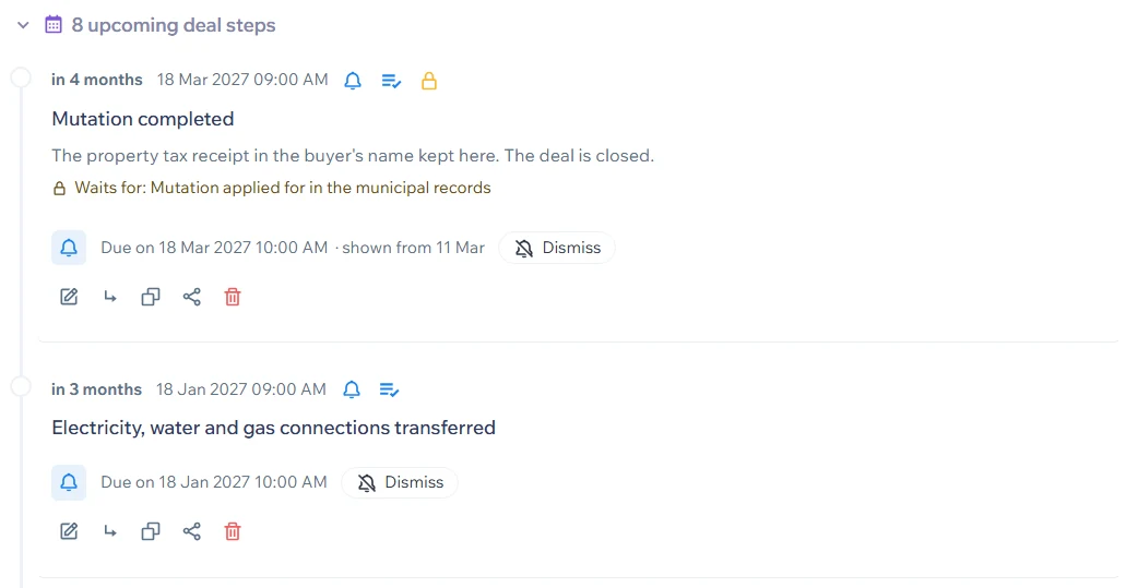Upcoming deal steps with reminders and a step that waits for another