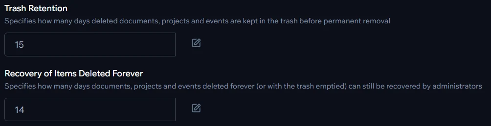 Settings for trash retention (15 days) and recovery of items deleted forever (14 days)